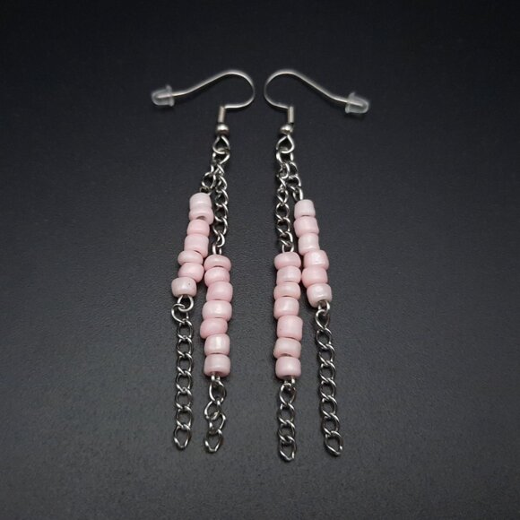 Light Pink Boho Bohemian Beaded Chain Dangle Drop Earrings Handmade Jewelry - Picture 2 of 7